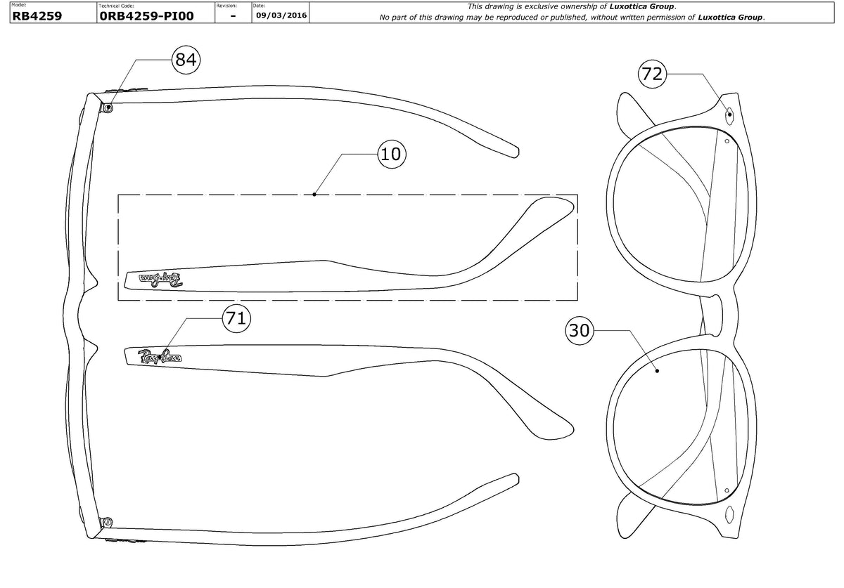 Enlarged technical drawing of the Ray-Ban RB4259 Replacement Parts