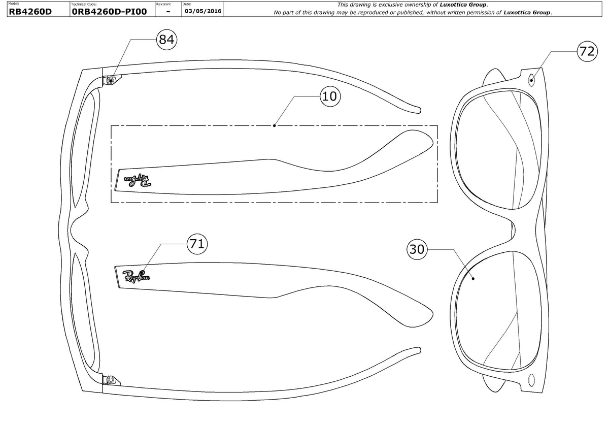 Exploded technical drawing of the Ray-Ban RB4260D Replacement Parts, with each replacement part numbered