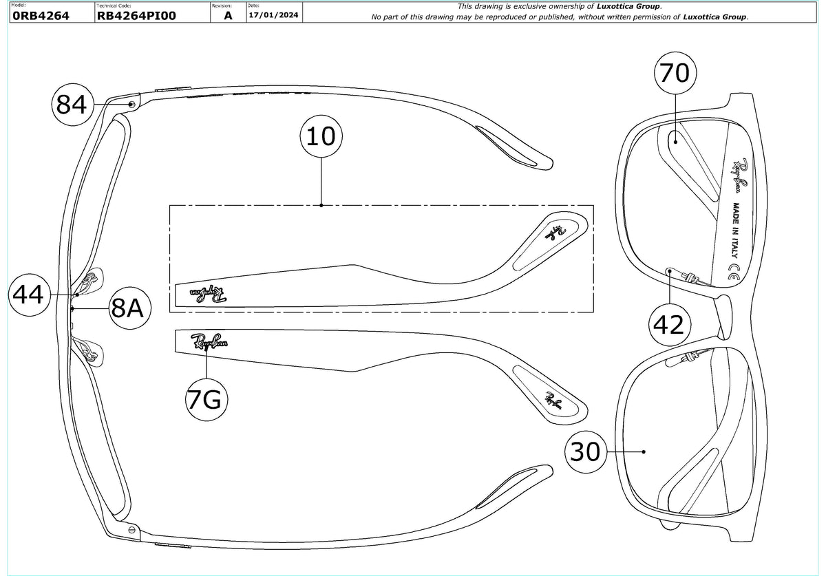 Exploded technical drawing of the Ray-Ban RB4264 Replacement Parts, with each replacement part numbered