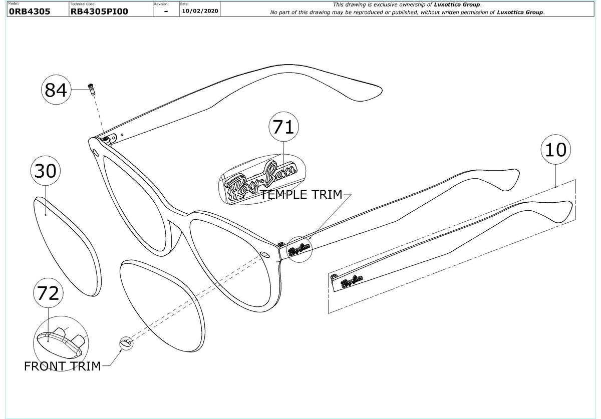 Exploded technical drawing of the Ray-Ban RB4305 Replacement Parts, with each replacement part numbered