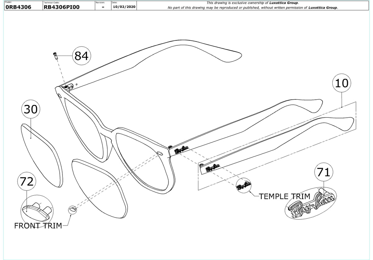 Exploded technical drawing of the Ray-Ban RB4306 Replacement Parts, with each replacement part numbered