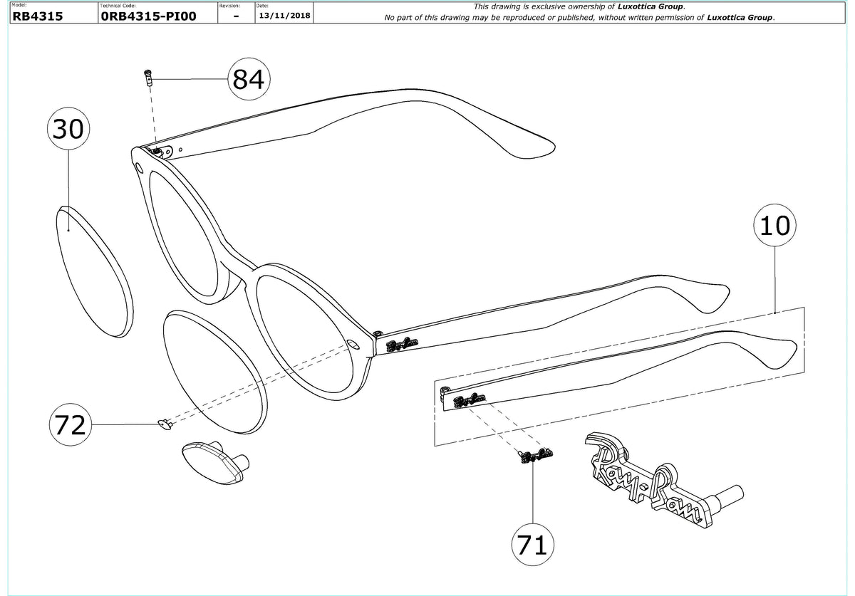 Exploded technical drawing of the Ray-Ban RB4315 Replacement Parts, with each replacement part numbered