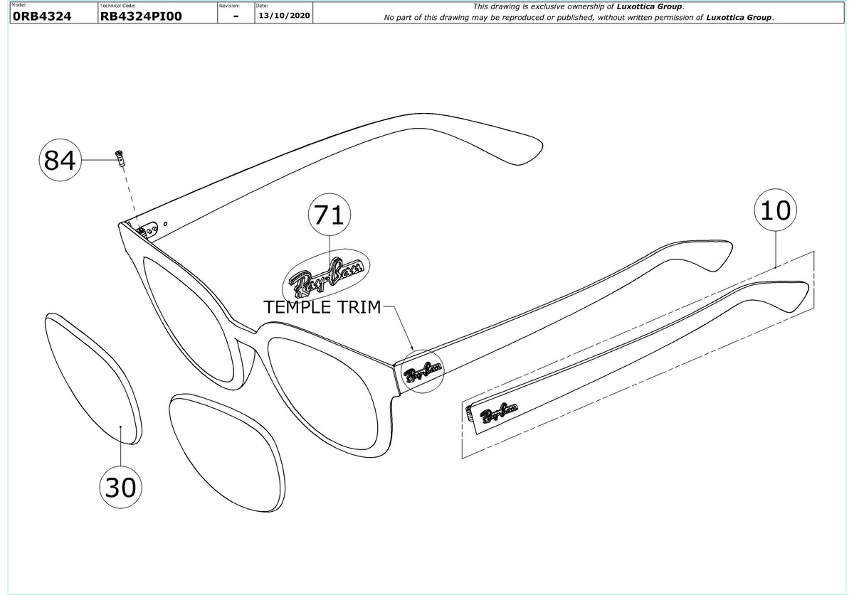 Exploded technical drawing of the Ray-Ban RB4324 Replacement Parts, with each replacement part numbered