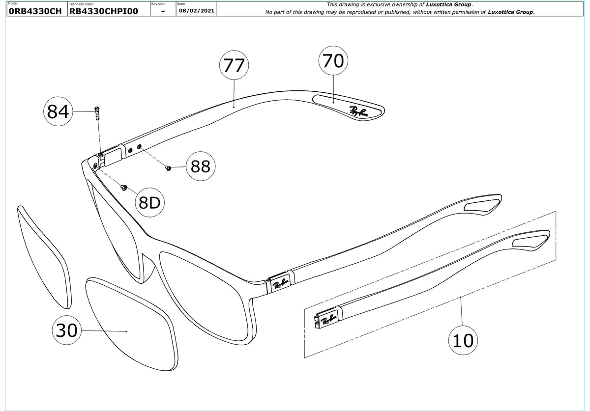 Enlarged technical drawing of the Ray-Ban Chromance RB4330CH Replacement Parts