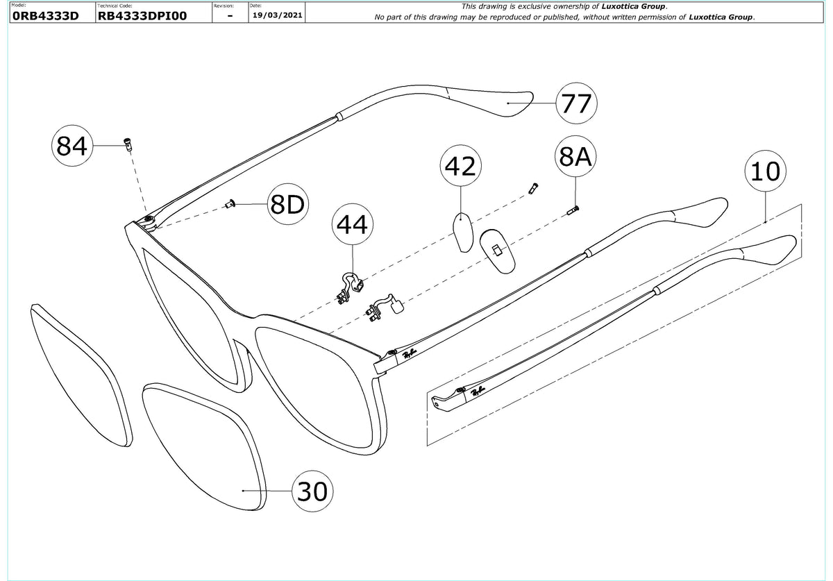 Exploded technical drawing of the Ray-Ban RB4333D Replacement Parts, with each replacement part numbered