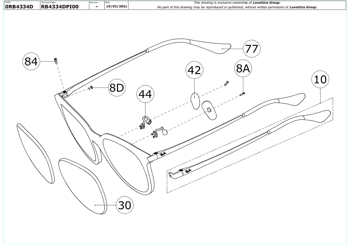 Exploded technical drawing of the Ray-Ban RB4334D Replacement Parts, with each replacement part numbered