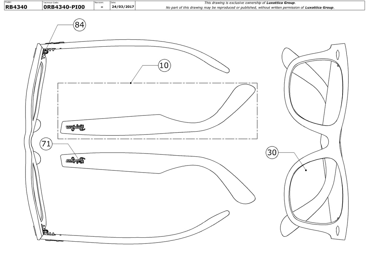 Enlarged technical drawing of the Ray-Ban Wayfarer RB4340 Replacement Parts