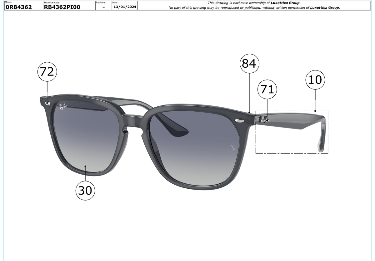 Exploded technical drawing of the Ray-Ban RB4362 Replacement Parts, with each replacement part numbered