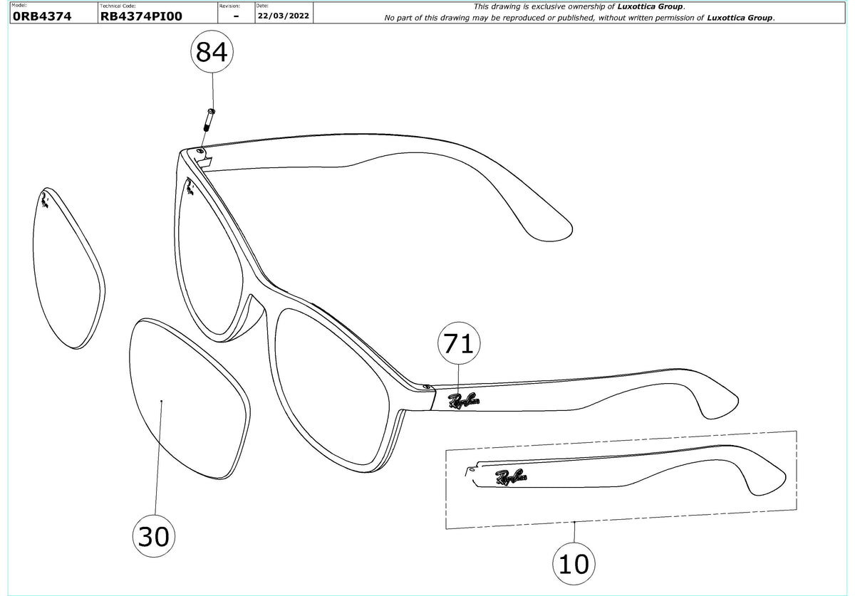 Exploded technical drawing of the Ray-Ban RB4374 Replacement Parts, with each replacement part numbered