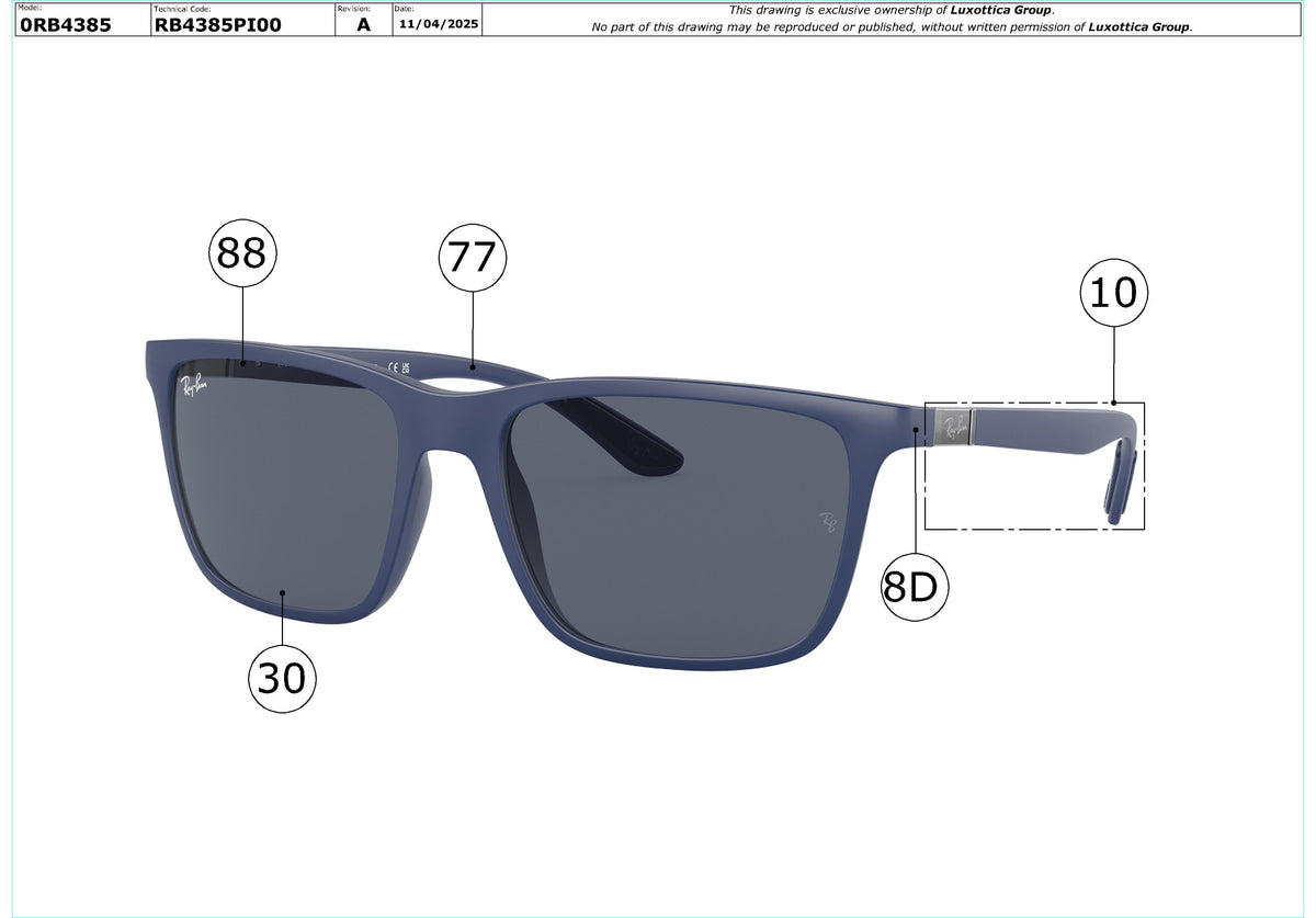 Enlarged technical drawing of the Ray-Ban RB4385 Replacement Parts
