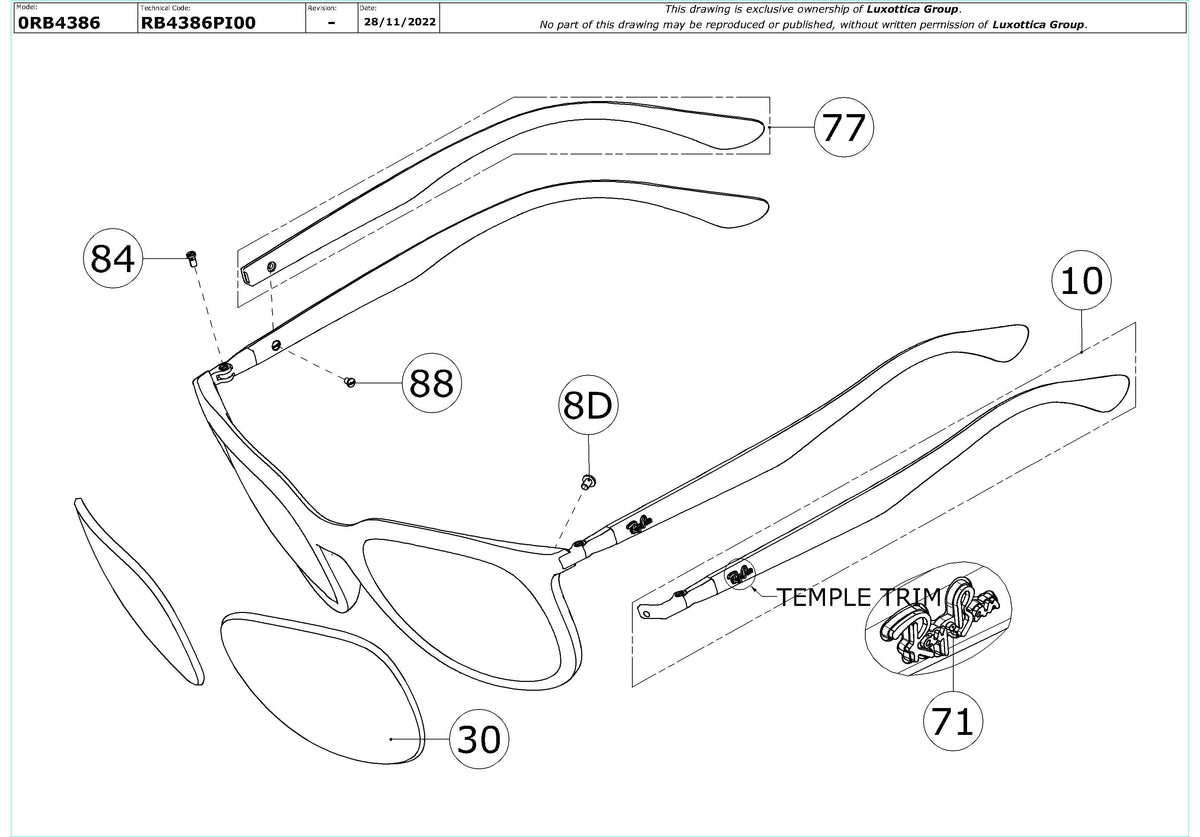 Enlarged technical drawing of the Ray-Ban RB4386 Replacement Parts