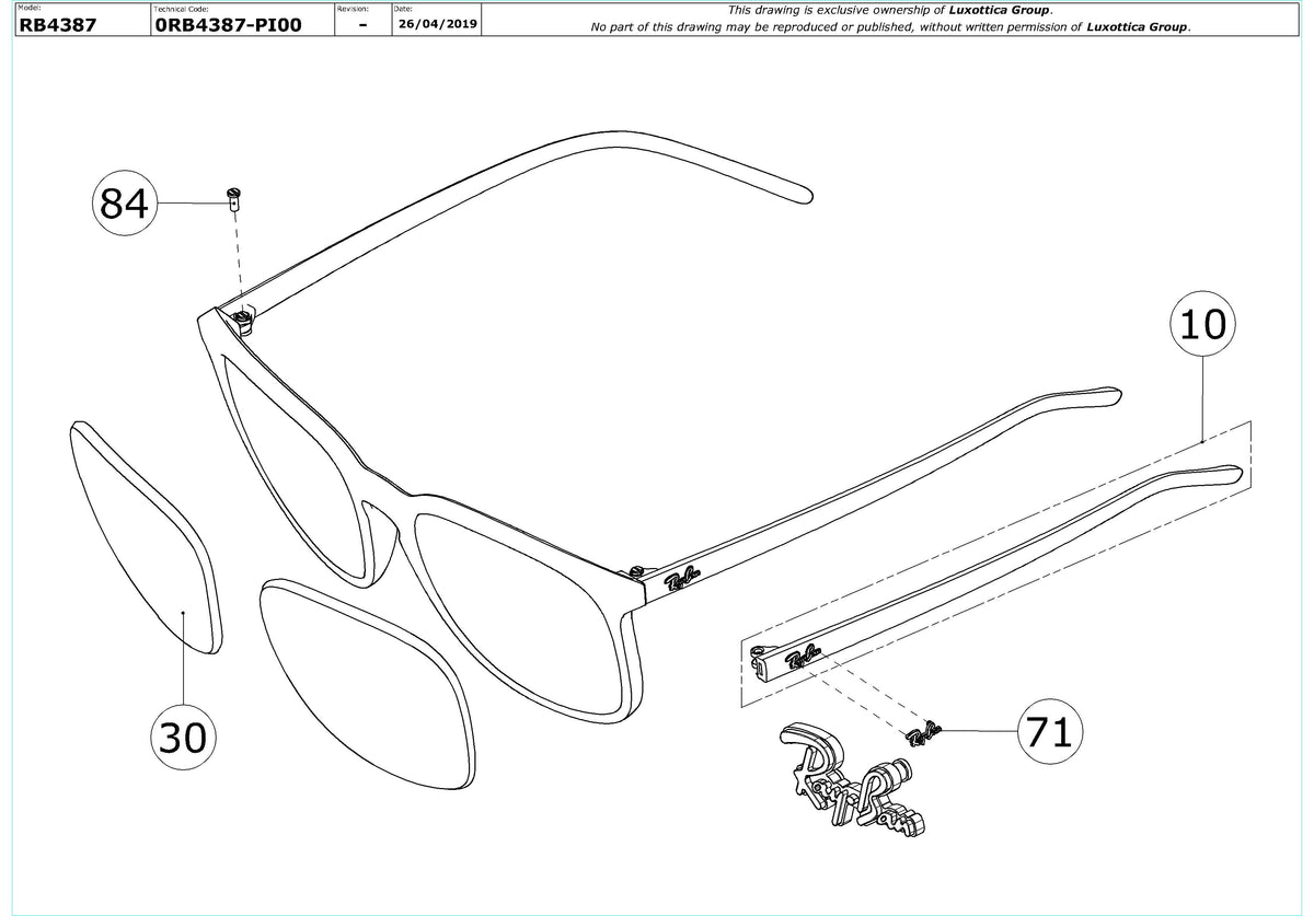 Enlarged technical drawing of the Ray-Ban RB4387 Replacement Parts
