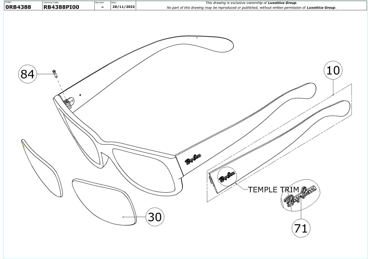Exploded technical drawing of the Ray-Ban RB4388 Replacement Parts, with each replacement part numbered