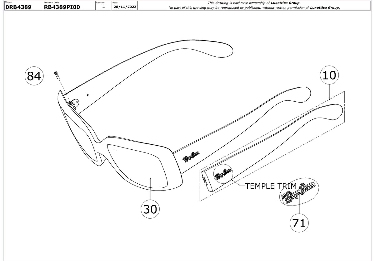 Exploded technical drawing of the Ray-Ban RB4389 Replacement Parts, with each replacement part numbered