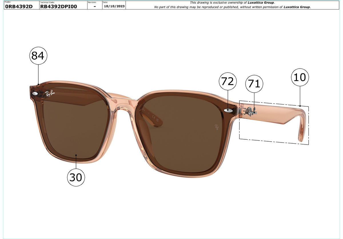 Exploded technical drawing of the Ray-Ban RB4392D Replacement Parts, with each replacement part numbered