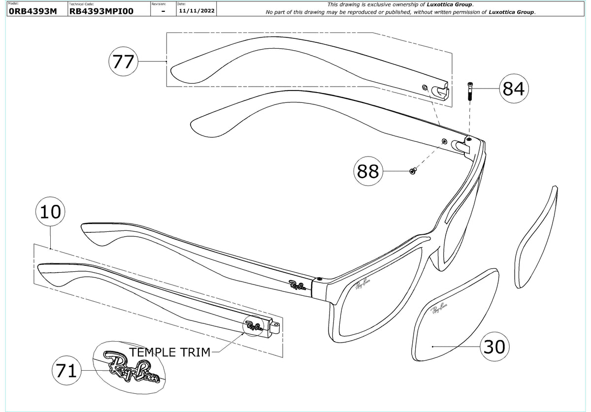Enlarged technical drawing of the Ray-Ban RB4393M Replacement Parts