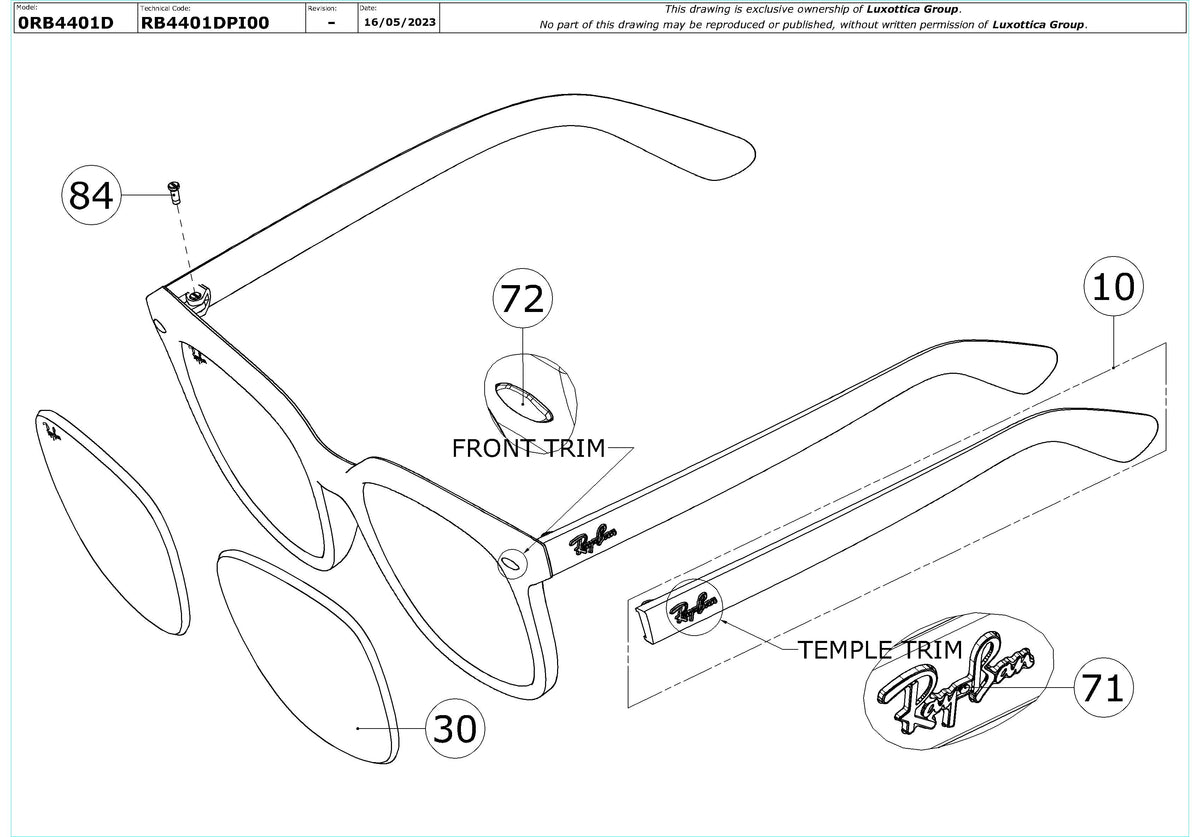 Exploded technical drawing of the Ray-Ban RB4401D Replacement Parts, with each replacement part numbered