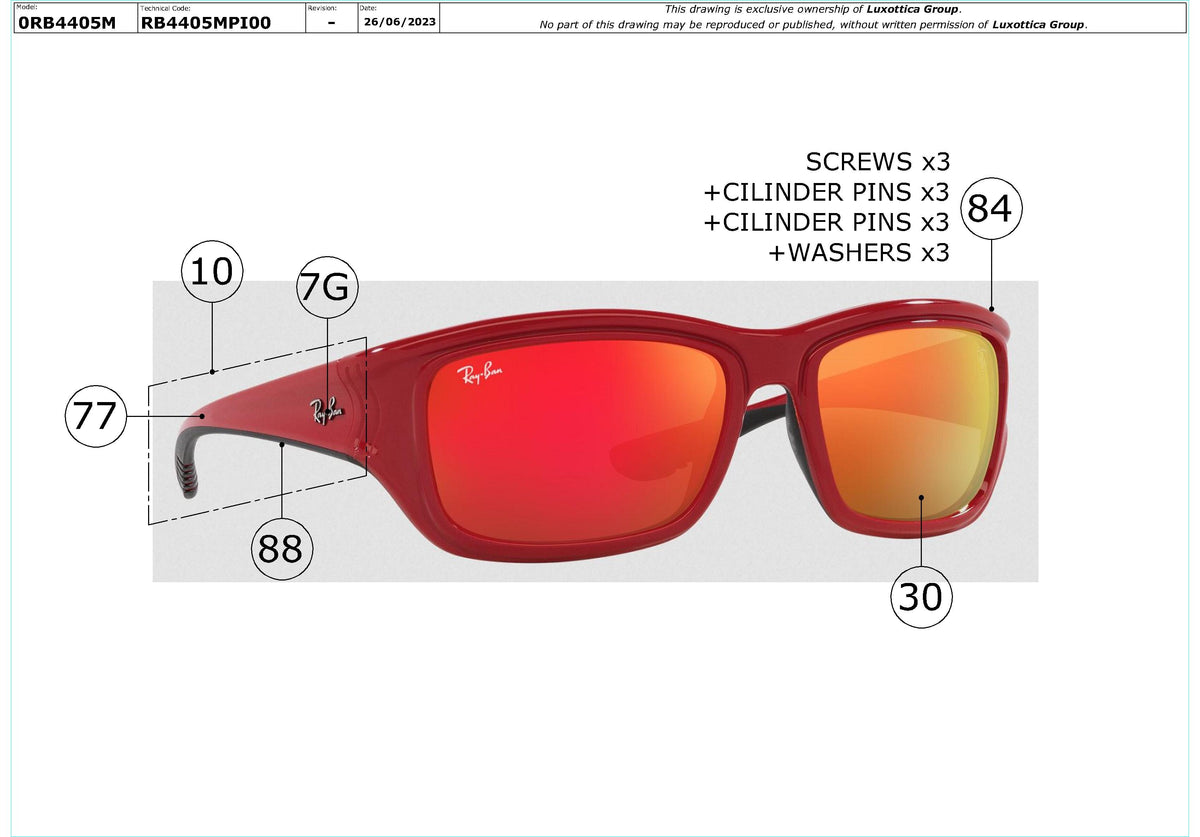 Exploded technical drawing of the Ray-Ban RB4405M Replacement Parts, with each replacement part numbered