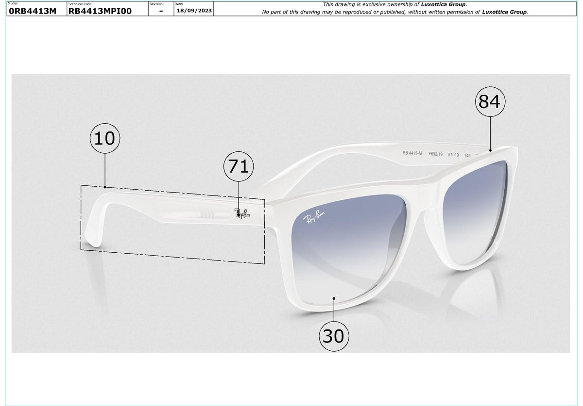 Exploded technical drawing of the Ray-Ban RB4413M Replacement Parts, with each replacement part numbered