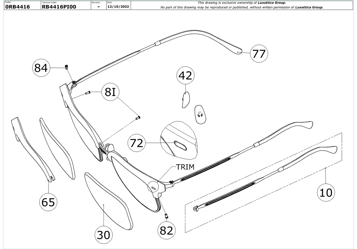 Enlarged technical drawing of the Ray-Ban New Clubmaster RB4416 Replacement Parts