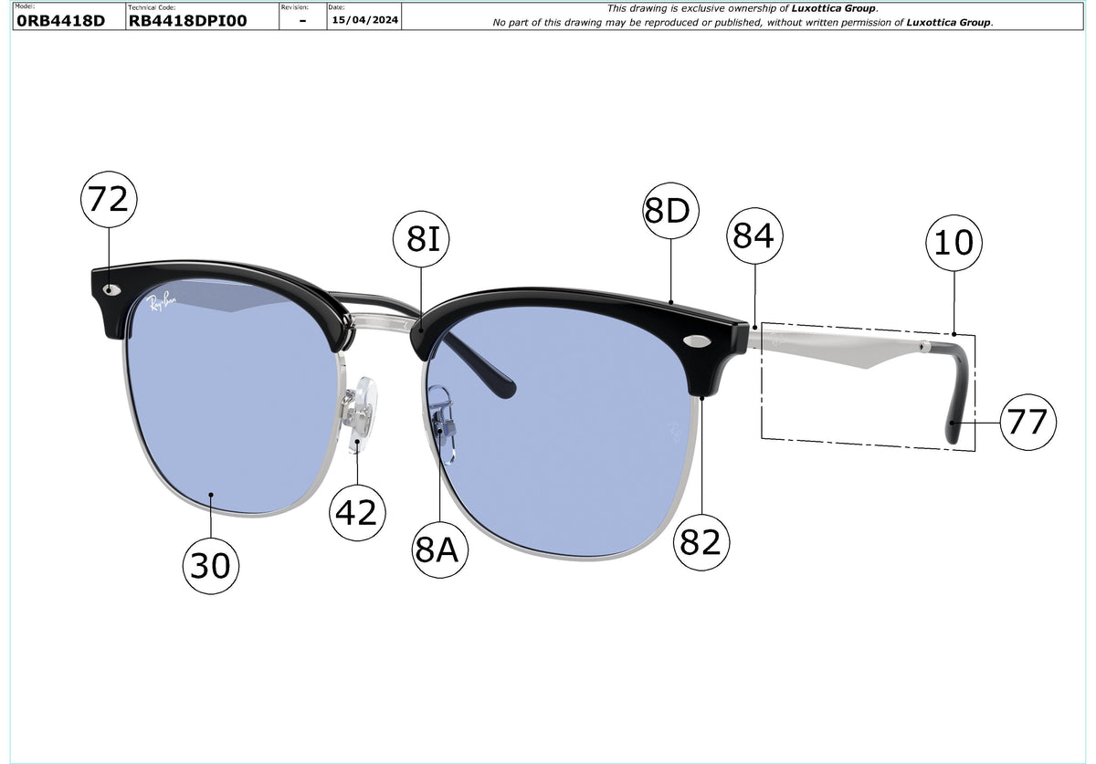 Enlarged technical drawing of the Ray-Ban RB4418D Replacement Parts