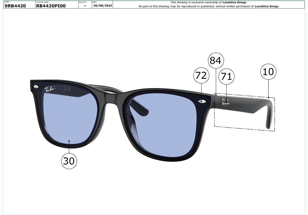 Exploded technical drawing of the Ray-Ban RB4420 Replacement Parts, with each replacement part numbered