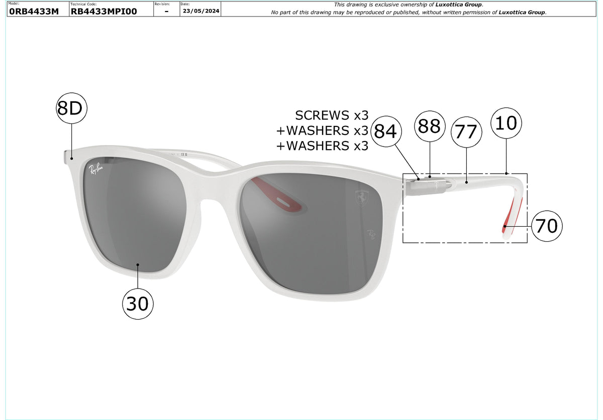 Exploded technical drawing of the Ray-Ban RB4433M Replacement Parts, with each replacement part numbered