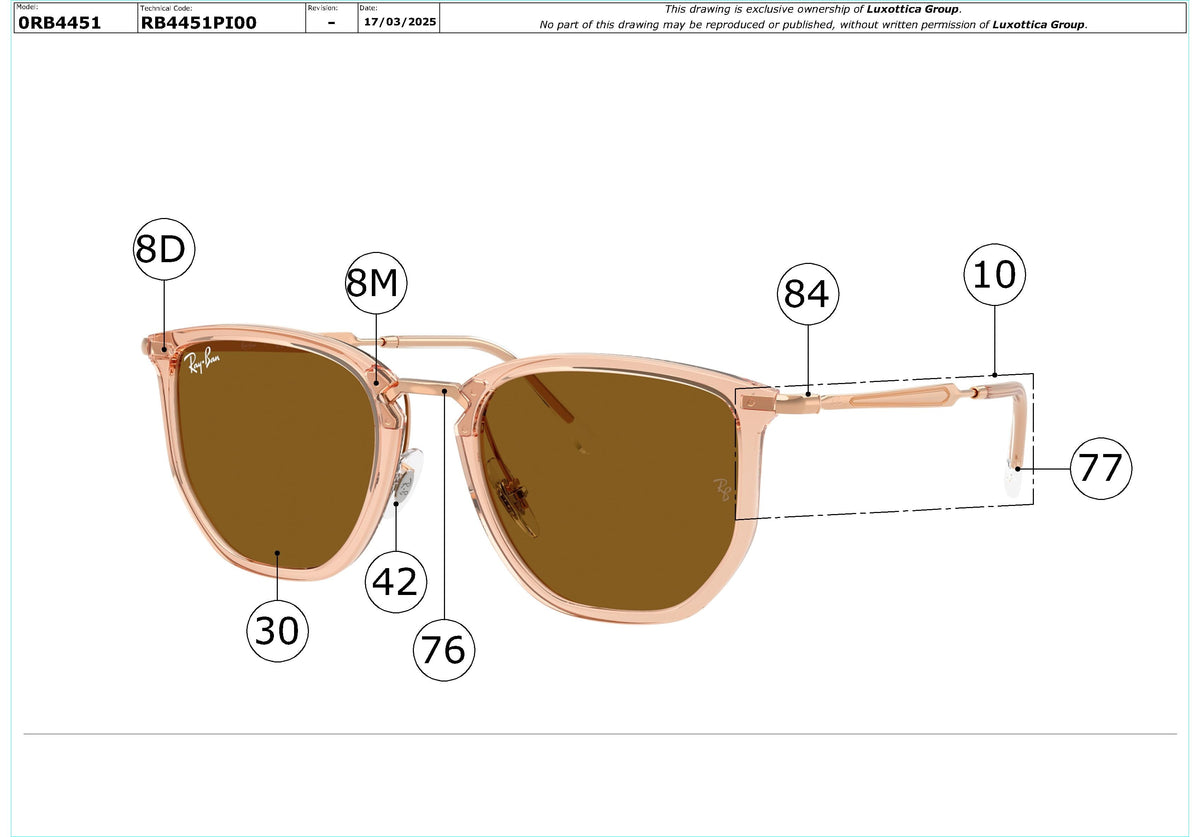 Exploded technical drawing of the Ray-Ban RB4451 Replacement Parts, with each replacement part numbered