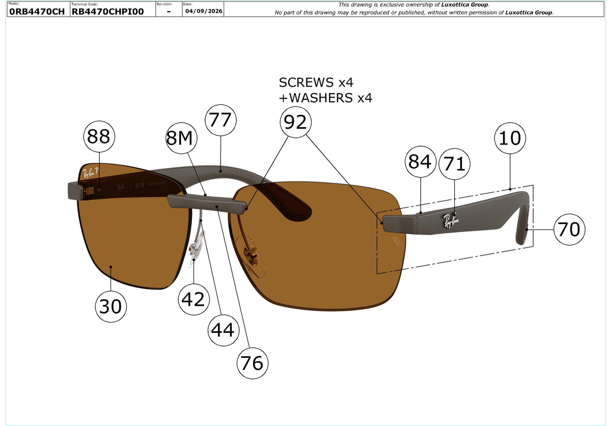 Exploded technical drawing of the Ray-Ban RB4470CH Replacement Parts, with each replacement part numbered