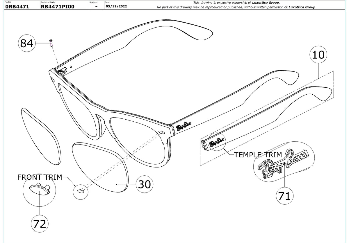 Exploded technical drawing of the Ray-Ban Iris RB4471 Replacement Parts, with each replacement part numbered