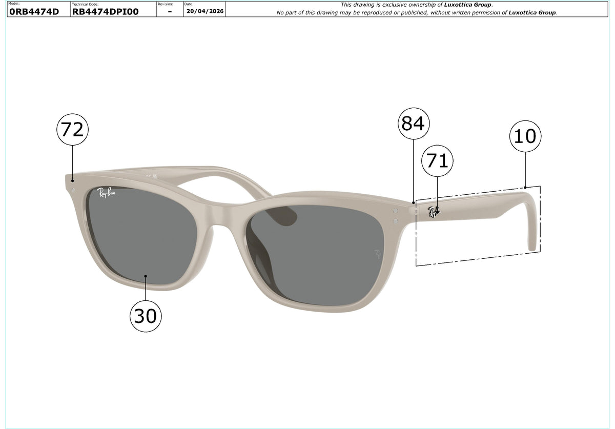 Exploded technical drawing of the Ray-Ban RB4474D Replacement Parts, with each replacement part numbered