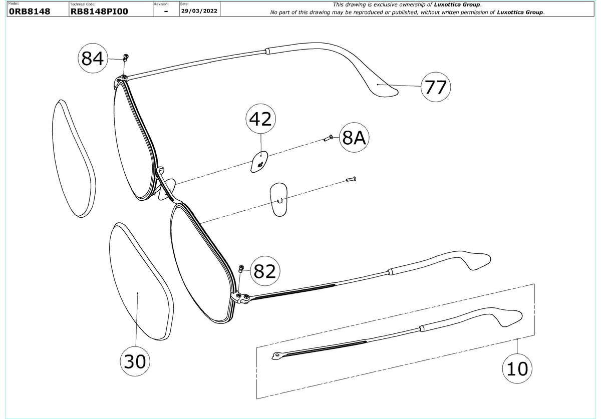 Enlarged technical drawing of the Ray-Ban Hexagonal RB8148 Replacement Parts