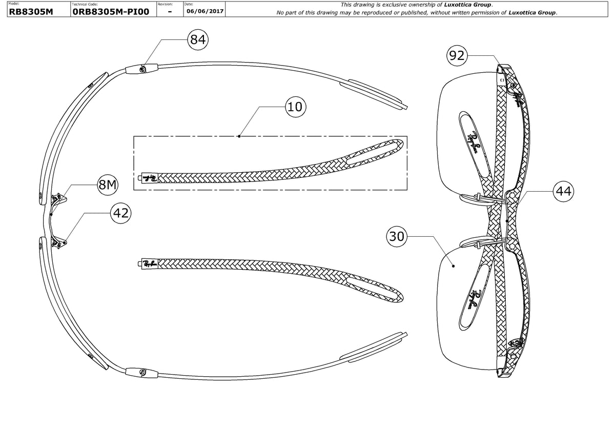 Enlarged technical drawing of the Ray-Ban RB8305M Ferrari Edition Replacement Parts