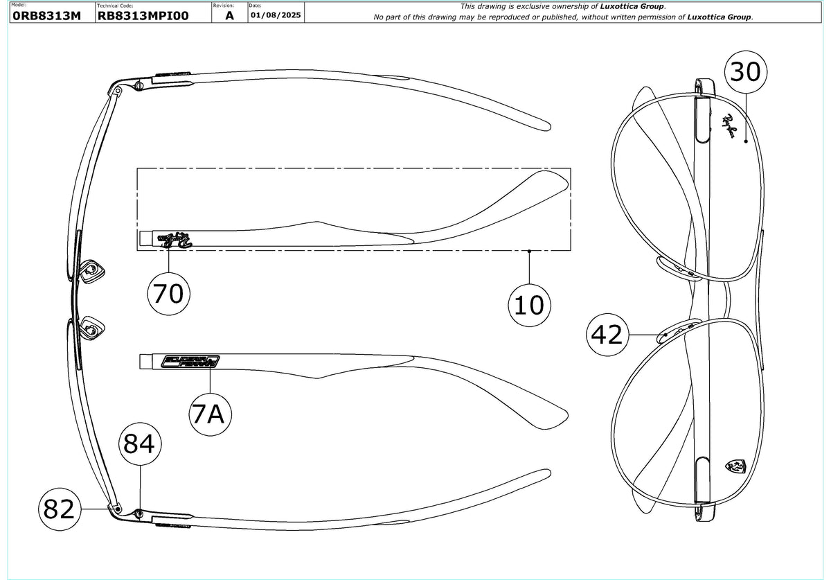 Exploded technical drawing of the Ray-Ban RB8313M Ferrari Edition Replacement Parts, with each replacement part numbered