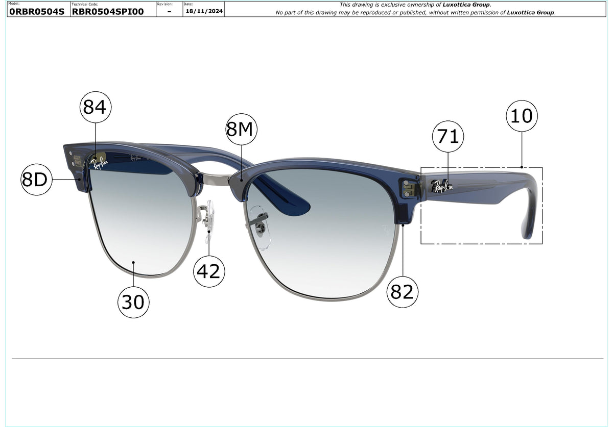 Enlarged technical drawing of the Ray-Ban Clubmaster Reverse RBR0504S Replacement Parts