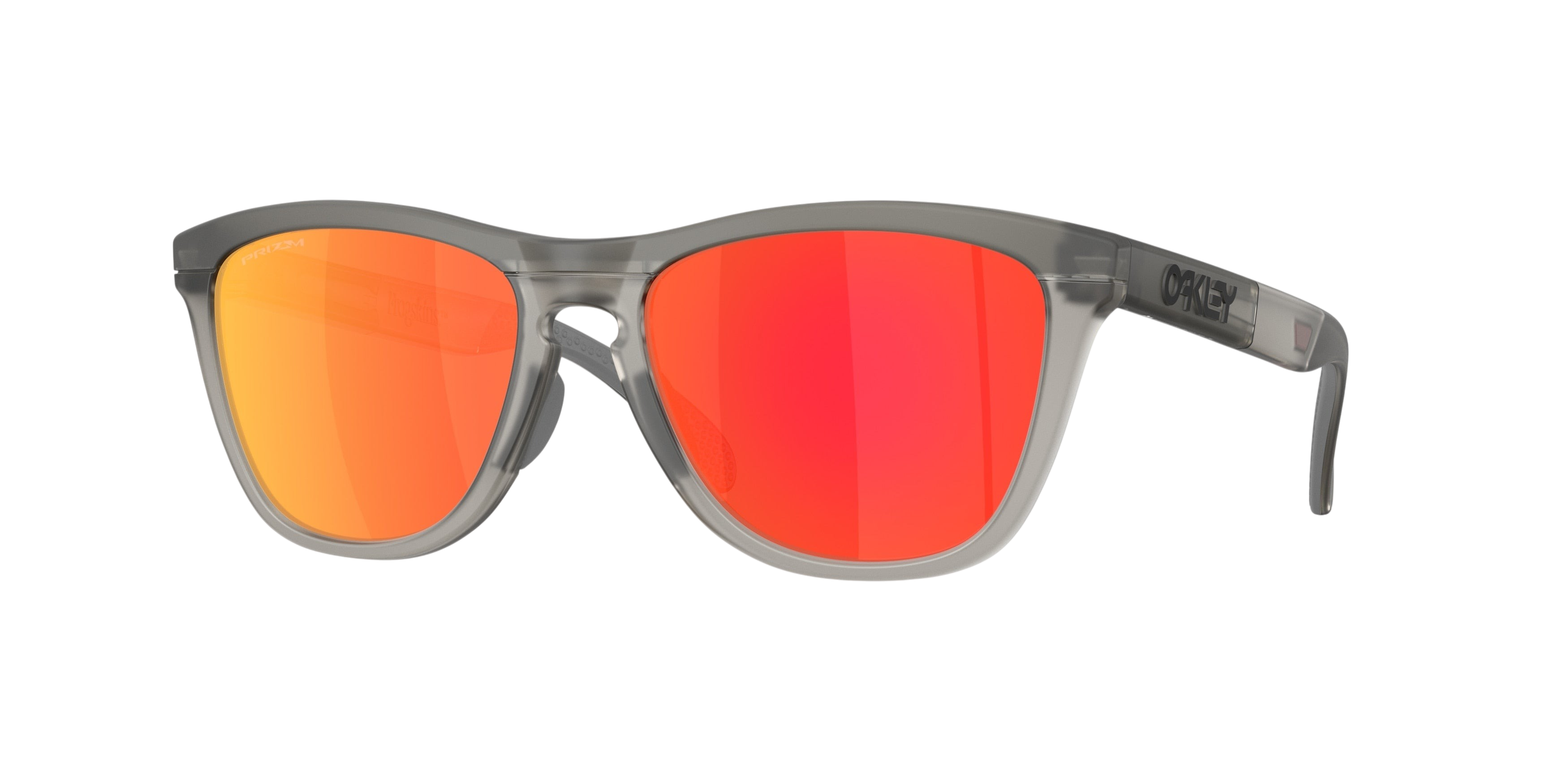 Sunglasses UK Oakley Frogskins Range XL sunglasses with translucent grey frames and vibrant red Prizm lenses