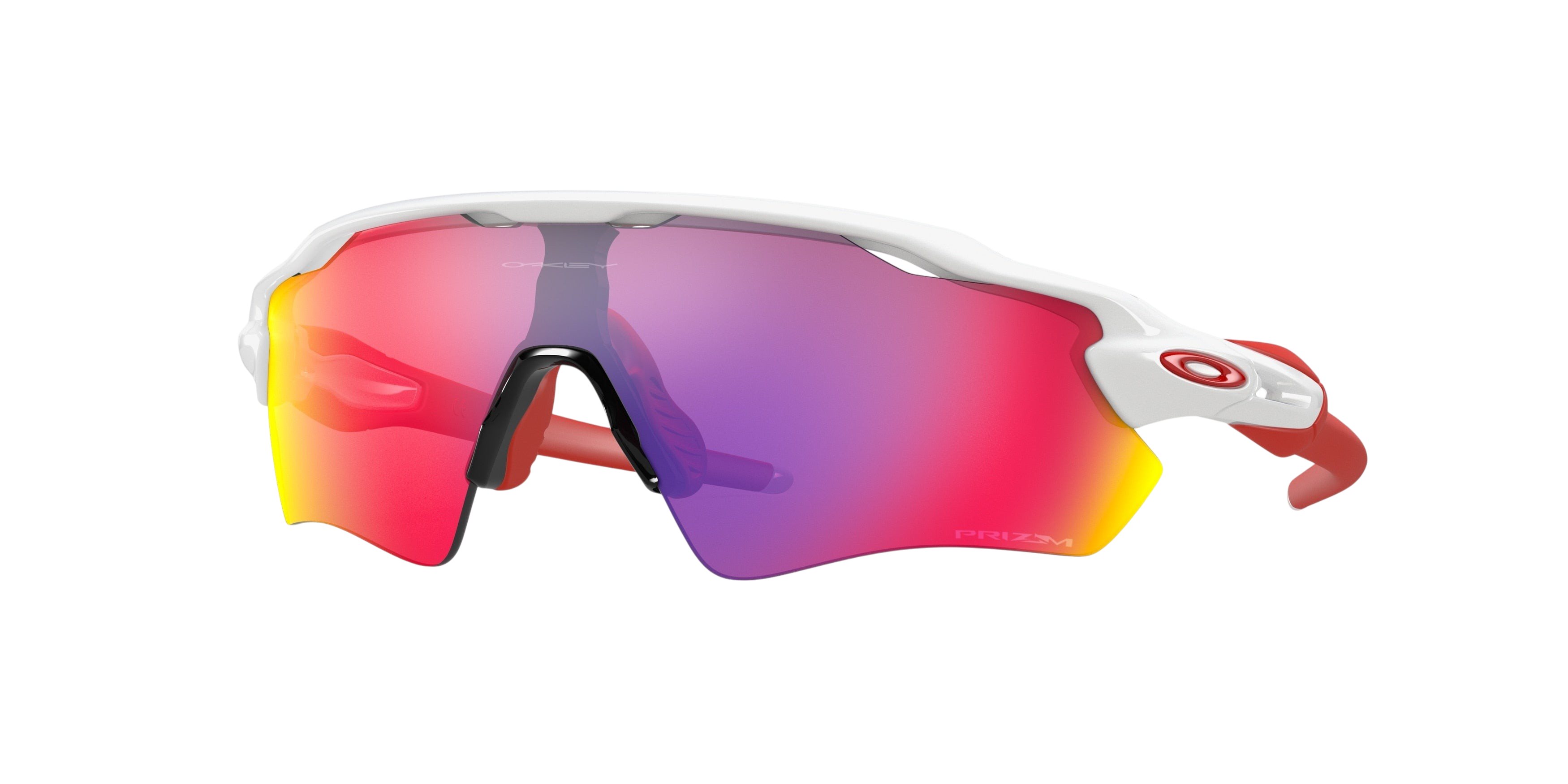 Sunglasses UK Oakley Radar EV Path sunglasses with white frame, red temples, and Prizm rose-tinted shield lens.