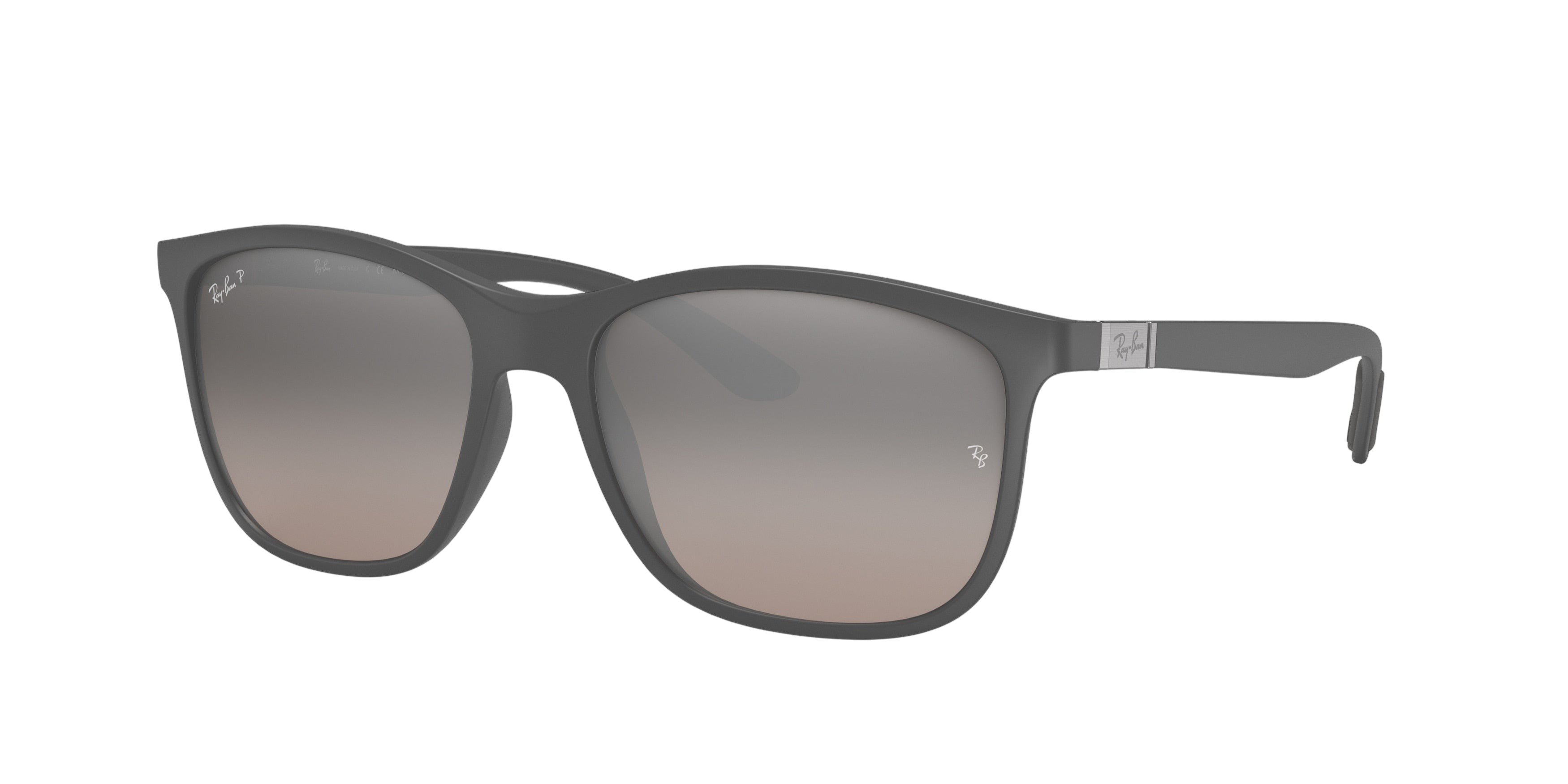 Sunglasses UK Ray-Ban Chromance RB4330CH sunglasses with grey frames and gradient lenses in a studio view.