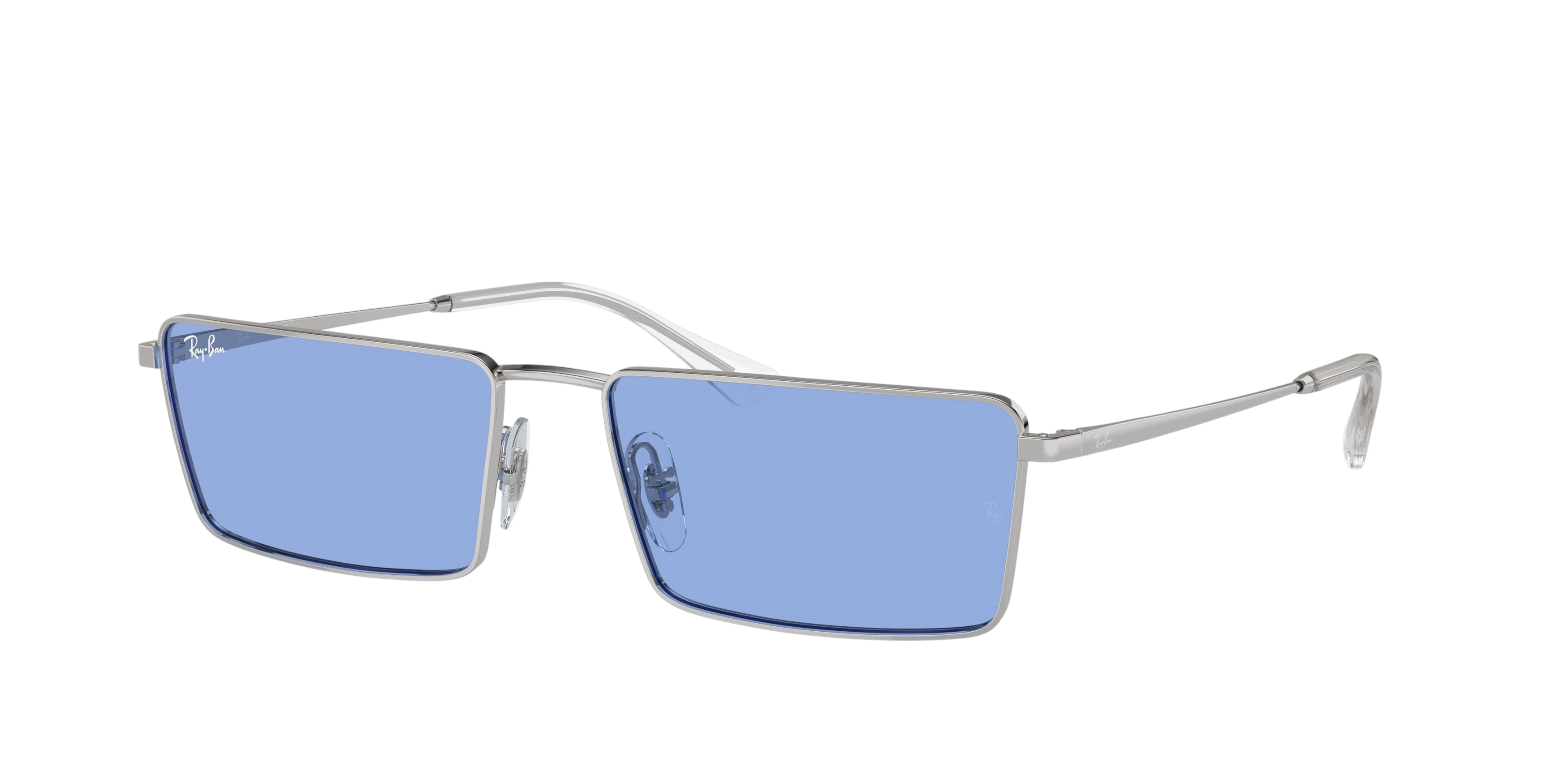 Sunglasses UK Ray-Ban Emy RB3741 sunglasses with silver metal frames and blue rectangular lenses