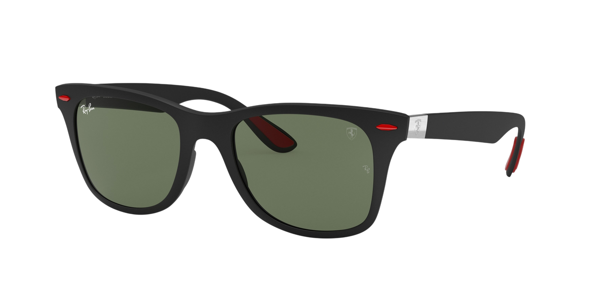 Sunglasses UK Ray-Ban Ferrari RB4195M sunglasses with matte black frames, green lenses, and red temple accents.