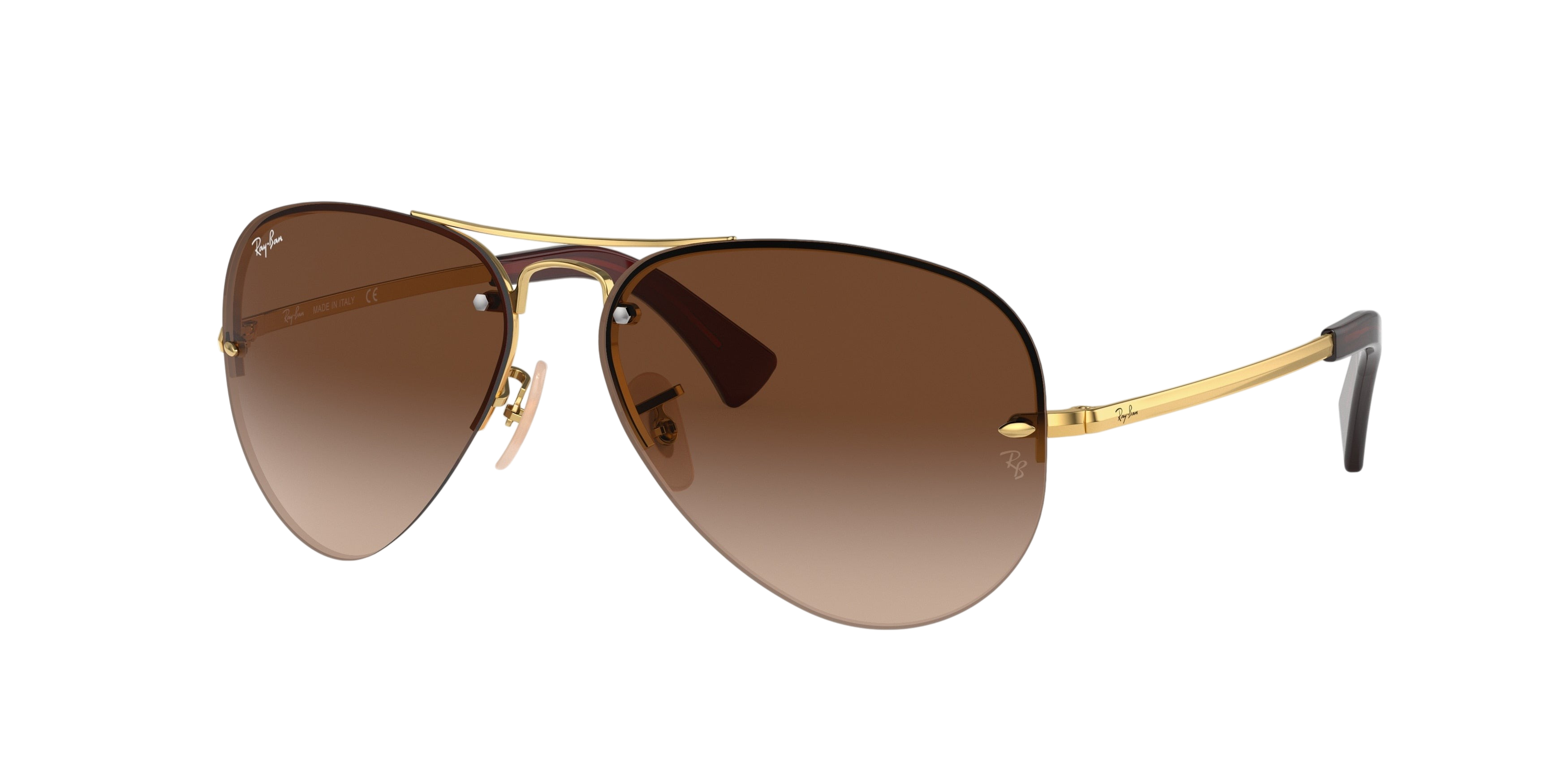 Sunglasses UK Ray-Ban RB3449 rimless aviator sunglasses with gold frames and brown gradient lenses.