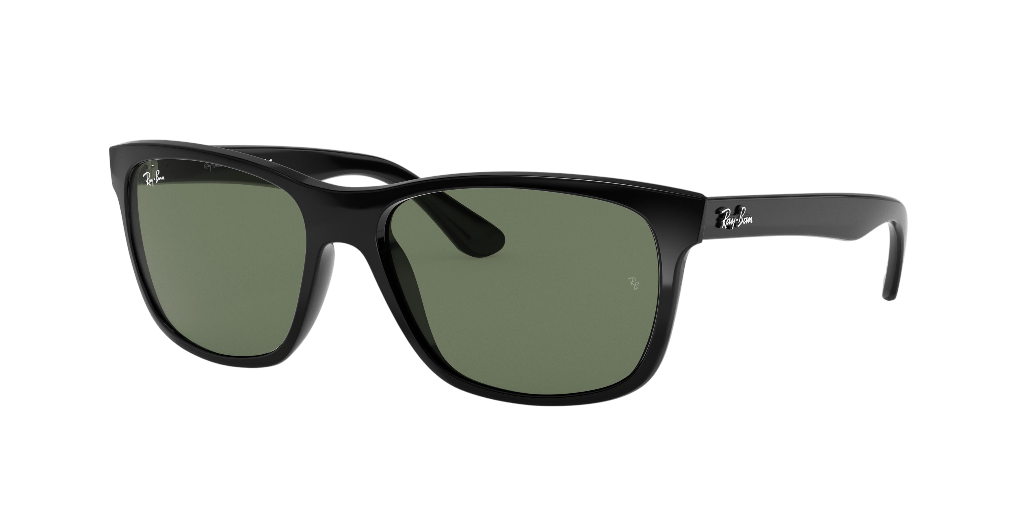 Sunglasses UK Ray-Ban RB4181 black sunglasses with green lenses, featuring iconic logo on the temple