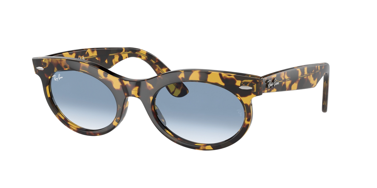 Sunglasses UK Ray-Ban Wayfarer Oval RB2242 sunglasses with a classic tortoiseshell frame and blue gradient lenses.