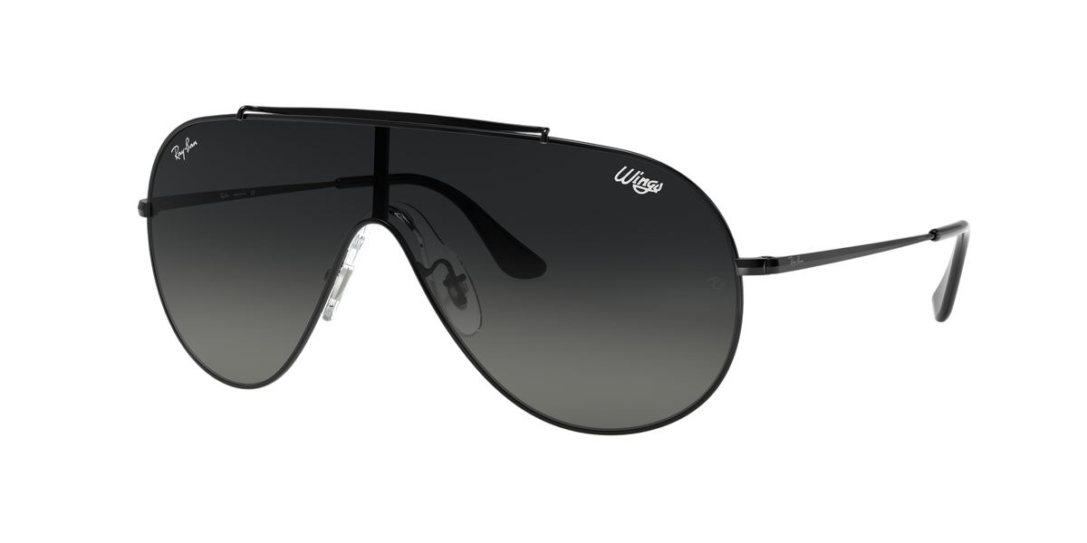 Sunglasses UK Ray-Ban Wings RB3597 sunglasses with a black metal frame and dark gradient shield lens