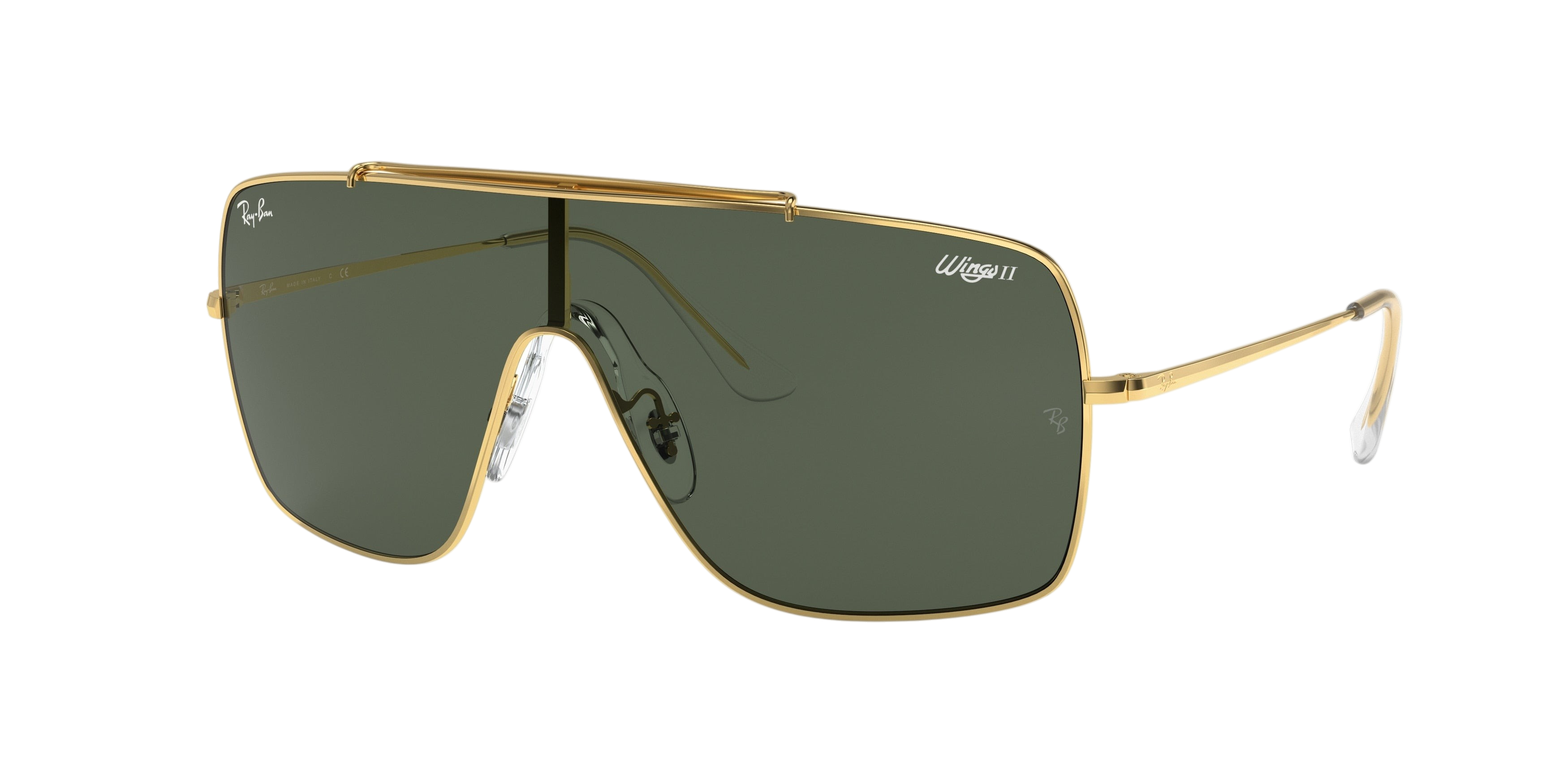 Sunglasses UK Ray-Ban Wings II RB3697 sunglasses with gold metal frame and green shield lens, side view.