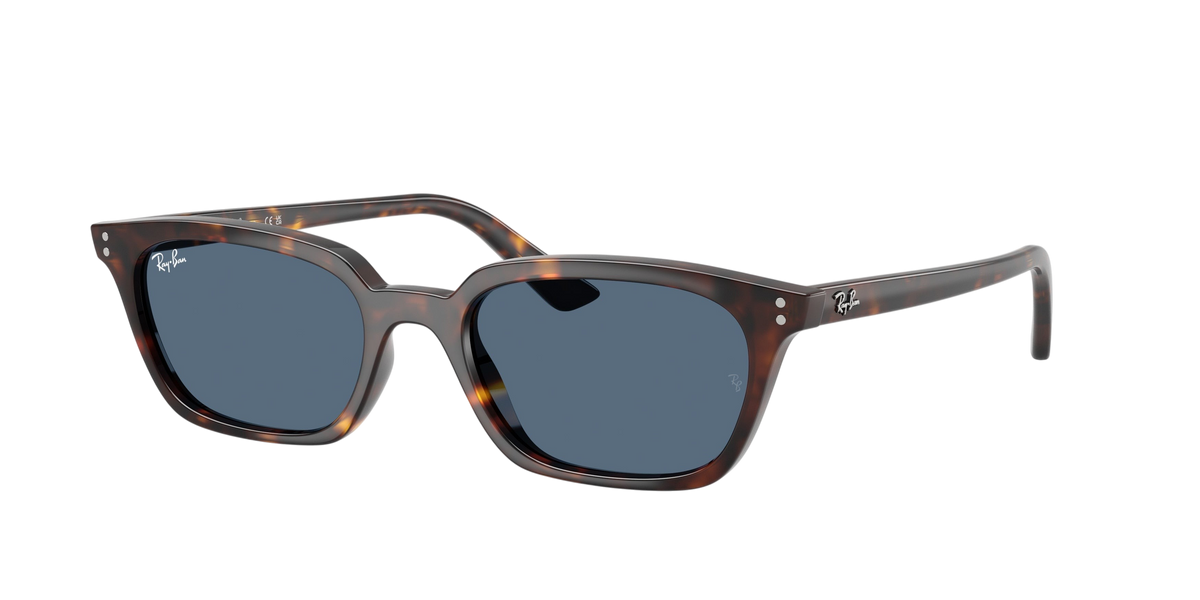 Sunglasses UK Ray-Ban Zaya RB4456 sunglasses in tortoise shell frame with blue lenses, three-quarter view